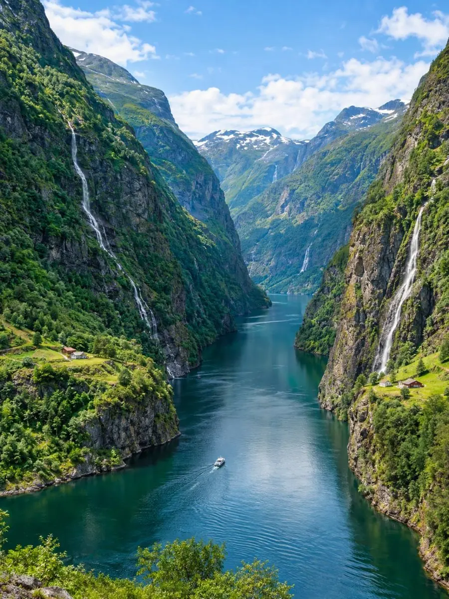 The narrow Nærøyfjord between towering green mountain walls, a small boat far below
